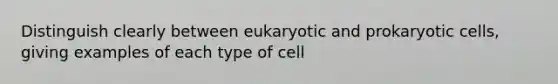 Distinguish clearly between eukaryotic and <a href='https://www.questionai.com/knowledge/k1BuXhIsgo-prokaryotic-cells' class='anchor-knowledge'>prokaryotic cells</a>, giving examples of each type of cell