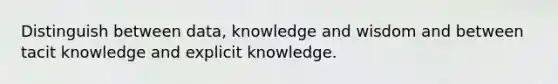 Distinguish between data, knowledge and wisdom and between tacit knowledge and explicit knowledge.