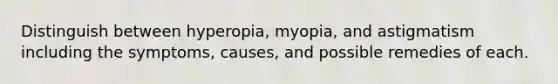 Distinguish between hyperopia, myopia, and astigmatism including the symptoms, causes, and possible remedies of each.