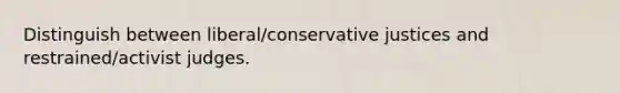 Distinguish between liberal/conservative justices and restrained/activist judges.