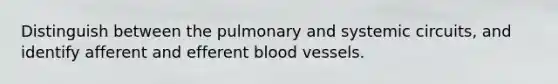 Distinguish between the pulmonary and systemic circuits, and identify afferent and efferent blood vessels.