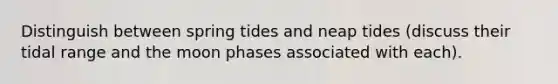 Distinguish between spring tides and neap tides (discuss their tidal range and the moon phases associated with each).