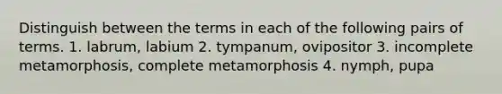 Distinguish between the terms in each of the following pairs of terms. 1. labrum, labium 2. tympanum, ovipositor 3. incomplete metamorphosis, complete metamorphosis 4. nymph, pupa