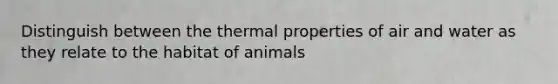 Distinguish between the thermal properties of air and water as they relate to the habitat of animals