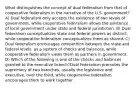 What distinguishes the concept of dual federalism from that of cooperative federalism in the narrative of the U.S. government? A) Dual federalism only accepts the existence of two levels of government, while cooperative federalism allows the existence of local government under state and federal jurisdiction. B) Dual federalism conceptualizes state and federal powers as distinct, while cooperative federalism conceptualizes them as shared. C) Dual federalism encourages competition between the state and federal levels, as a system of checks and balances, while cooperative federalism views them as partners in government. D) Which of the following is one of the checks and balances granted to the executive branch?Dual federalism promotes the supremacy of two branches, usually the legislative and executive, over the third, while cooperative federalism encourages them to work together.