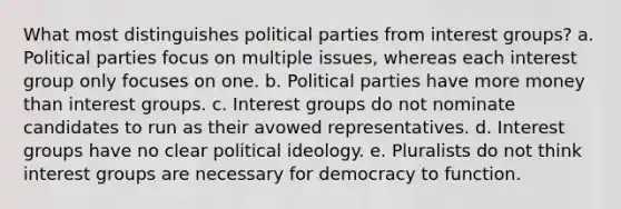 What most distinguishes political parties from interest groups? a. Political parties focus on multiple issues, whereas each interest group only focuses on one. b. Political parties have more money than interest groups. c. Interest groups do not nominate candidates to run as their avowed representatives. d. Interest groups have no clear <a href='https://www.questionai.com/knowledge/kFKhV6szLO-political-ideology' class='anchor-knowledge'>political ideology</a>. e. Pluralists do not think interest groups are necessary for democracy to function.