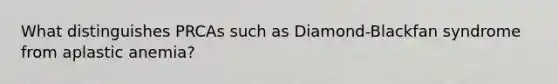 What distinguishes PRCAs such as Diamond-Blackfan syndrome from aplastic anemia?