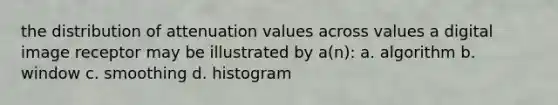 the distribution of attenuation values across values a digital image receptor may be illustrated by a(n): a. algorithm b. window c. smoothing d. histogram