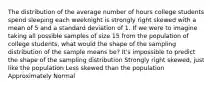 The distribution of the average number of hours college students spend sleeping each weeknight is strongly right skewed with a mean of 5 and a standard deviation of 1. If we were to imagine taking all possible samples of size 15 from the population of college students, what would the shape of the sampling distribution of the sample means be? It's impossible to predict the shape of the sampling distribution Strongly right skewed, just like the population Less skewed than the population Approximately Normal