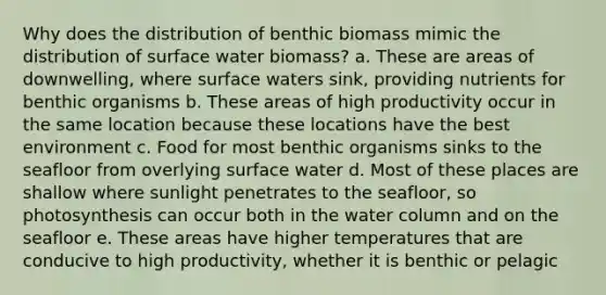 Why does the distribution of benthic biomass mimic the distribution of surface water biomass? a. These are areas of downwelling, where surface waters sink, providing nutrients for benthic organisms b. These areas of high productivity occur in the same location because these locations have the best environment c. Food for most benthic organisms sinks to the seafloor from overlying surface water d. Most of these places are shallow where sunlight penetrates to the seafloor, so photosynthesis can occur both in the water column and on the seafloor e. These areas have higher temperatures that are conducive to high productivity, whether it is benthic or pelagic