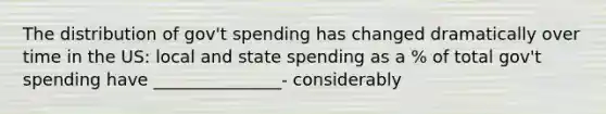 The distribution of gov't spending has changed dramatically over time in the US: local and state spending as a % of total gov't spending have _______________- considerably