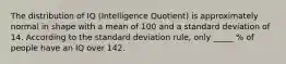 The distribution of IQ (Intelligence Quotient) is approximately normal in shape with a mean of 100 and a standard deviation of 14. According to the standard deviation rule, only _____ % of people have an IQ over 142.