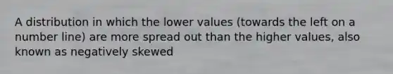 A distribution in which the lower values (towards the left on a <a href='https://www.questionai.com/knowledge/kXggUsi0FB-number-line' class='anchor-knowledge'>number line</a>) are more spread out than the higher values, also known as negatively skewed
