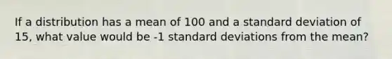 If a distribution has a mean of 100 and a <a href='https://www.questionai.com/knowledge/kqGUr1Cldy-standard-deviation' class='anchor-knowledge'>standard deviation</a> of 15, what value would be -1 standard deviations from the mean?