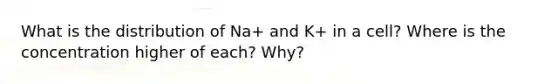 What is the distribution of Na+ and K+ in a cell? Where is the concentration higher of each? Why?