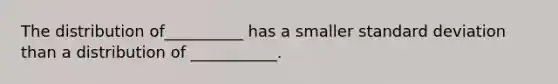 The distribution of__________ has a smaller standard deviation than a distribution of ___________.