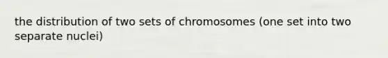 the distribution of two sets of chromosomes (one set into two separate nuclei)