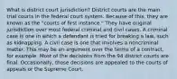 What is district court jurisdiction? District courts are the main trial courts in the federal court system. Because of this, they are known as the "courts of first instance." They have original jurisdiction over most federal criminal and civil cases. A criminal case is one in which a defendant is tried for breaking a law, such as kidnapping. A civil case is one that involves a noncriminal matter. This may be an argument over the terms of a contract, for example. Most of the decisions from the 94 district courts are final. Occasionally, those decisions are appealed to the courts of appeals or the Supreme Court.