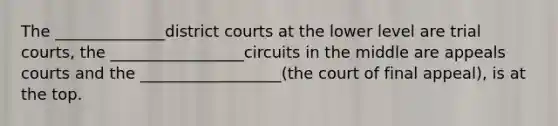 The ______________district courts at the lower level are trial courts, the _________________circuits in the middle are appeals courts and the __________________(the court of final appeal), is at the top.