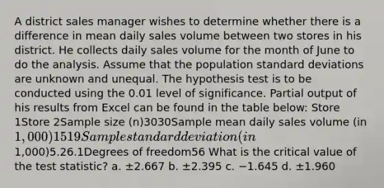 A district sales manager wishes to determine whether there is a difference in mean daily sales volume between two stores in his district. He collects daily sales volume for the month of June to do the analysis. Assume that the population standard deviations are unknown and unequal. The hypothesis test is to be conducted using the 0.01 level of significance. Partial output of his results from Excel can be found in the table below: Store 1Store 2Sample size (n)3030Sample mean daily sales volume (in 1,000)1519Sample standard deviation (in1,000)5.26.1Degrees of freedom56 What is the critical value of the test statistic? a. ±2.667 b. ±2.395 c. −1.645 d. ±1.960