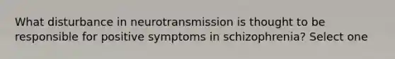 What disturbance in neurotransmission is thought to be responsible for positive symptoms in schizophrenia? Select one