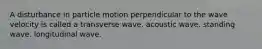 A disturbance in particle motion perpendicular to the wave velocity is called a transverse wave. acoustic wave. standing wave. longitudinal wave.