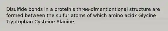 Disulfide bonds in a protein's three-dimentiontional structure are formed between the sulfur atoms of which amino acid? Glycine Tryptophan Cysteine Alanine