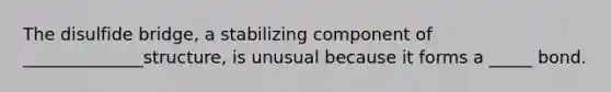 The disulfide bridge, a stabilizing component of ______________structure, is unusual because it forms a _____ bond.