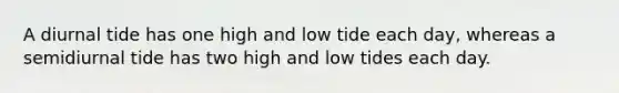 A diurnal tide has one high and low tide each day, whereas a semidiurnal tide has two high and low tides each day.