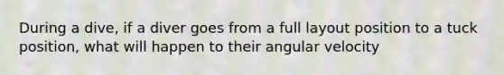 During a dive, if a diver goes from a full layout position to a tuck position, what will happen to their angular velocity