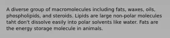 A diverse group of macromolecules including fats, waxes, oils, phospholipids, and steroids. Lipids are large non-polar molecules taht don't dissolve easily into polar solvents like water. Fats are the energy storage molecule in animals.