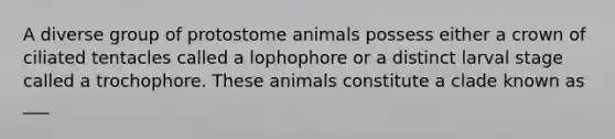 A diverse group of protostome animals possess either a crown of ciliated tentacles called a lophophore or a distinct larval stage called a trochophore. These animals constitute a clade known as ___