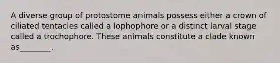 A diverse group of protostome animals possess either a crown of ciliated tentacles called a lophophore or a distinct larval stage called a trochophore. These animals constitute a clade known as________.