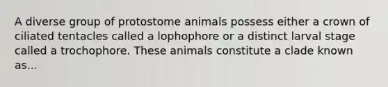 A diverse group of protostome animals possess either a crown of ciliated tentacles called a lophophore or a distinct larval stage called a trochophore. These animals constitute a clade known as...