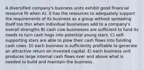 A diversified company's business units exhibit good financial resource fit when A). it has the resources to adequately support the requirements of its business as a group without spreading itself too thin when individual businesses add to a company's overall strengths B) cash cow businesses are sufficient to fund its needs to turn cash hogs into potential young stars. C) self-supporting stars are able to plow their cash flows into funding cash cows. D) each business is sufficiently profitable to generate an attractive return on invested capital. E) each business unit produces large internal cash flows over and above what is needed to build and maintain the business.