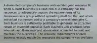 A diversified company's business units exhibit good resource fit when A. Each business is a cash cow B. A company has the resources to adequately support the requirements of its businesses as a group without spreading itself too thin and when individual businesses add to a company's overall strengths C. Each business is sufficiently profitable to generate an attractive return on invested capital D. Each business unit produces large internal cash flows over and above what is needed to build and maintain the business E. The resource requirements of each business exactly match the resources the company has available