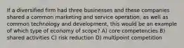 If a diversified firm had three businesses and these companies shared a common marketing and service operation, as well as common technology and development, this would be an example of which type of economy of scope? A) core competencies B) shared activities C) risk reduction D) multipoint competition