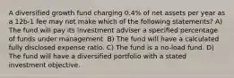 A diversified growth fund charging 0.4% of net assets per year as a 12b-1 fee may not make which of the following statements? A) The fund will pay its investment adviser a specified percentage of funds under management. B) The fund will have a calculated fully disclosed expense ratio. C) The fund is a no-load fund. D) The fund will have a diversified portfolio with a stated investment objective.