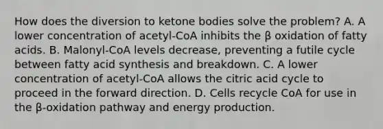 How does the diversion to ketone bodies solve the problem? A. A lower concentration of acetyl‑CoA inhibits the β oxidation of fatty acids. B. Malonyl‑CoA levels decrease, preventing a futile cycle between fatty acid synthesis and breakdown. C. A lower concentration of acetyl‑CoA allows the citric acid cycle to proceed in the forward direction. D. Cells recycle CoA for use in the β‑oxidation pathway and energy production.