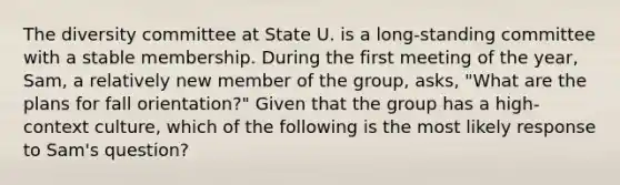 The diversity committee at State U. is a long-standing committee with a stable membership. During the first meeting of the year, Sam, a relatively new member of the group, asks, "What are the plans for fall orientation?" Given that the group has a high-context culture, which of the following is the most likely response to Sam's question?