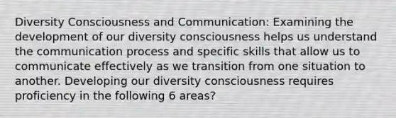 Diversity Consciousness and Communication: Examining the development of our diversity consciousness helps us understand the communication process and specific skills that allow us to communicate effectively as we transition from one situation to another. Developing our diversity consciousness requires proficiency in the following 6 areas?