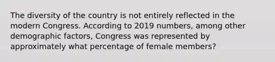 The diversity of the country is not entirely reflected in the modern Congress. According to 2019 numbers, among other demographic factors, Congress was represented by approximately what percentage of female members?