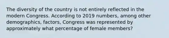 The diversity of the country is not entirely reflected in the modern Congress. According to 2019 numbers, among other demographics, factors, Congress was represented by approximately what percentage of female members?