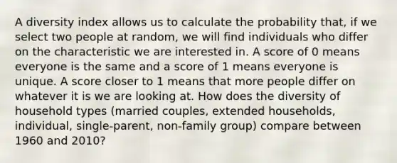 A diversity index allows us to calculate the probability that, if we select two people at random, we will find individuals who differ on the characteristic we are interested in. A score of 0 means everyone is the same and a score of 1 means everyone is unique. A score closer to 1 means that more people differ on whatever it is we are looking at. How does the diversity of household types (married couples, extended households, individual, single-parent, non-family group) compare between 1960 and 2010?