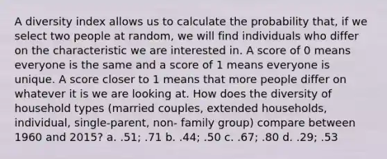 A diversity index allows us to calculate the probability that, if we select two people at random, we will find individuals who differ on the characteristic we are interested in. A score of 0 means everyone is the same and a score of 1 means everyone is unique. A score closer to 1 means that more people differ on whatever it is we are looking at. How does the diversity of household types (married couples, extended households, individual, single-parent, non- family group) compare between 1960 and 2015? a. .51; .71 b. .44; .50 c. .67; .80 d. .29; .53