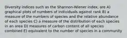 Diversity indices such as the Shannon-Wiener index, are A) graphical plots of numbers of individuals against rank B) a measure of the numbers of species and the relative abundance of each species C) a measure of the distribution of each species in an area D) measures of carbon content of all species combined E) equivalent to the number of species in a community