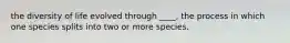 the diversity of life evolved through ____, the process in which one species splits into two or more species.
