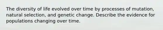 The diversity of life evolved over time by processes of mutation, natural selection, and genetic change. Describe the evidence for populations changing over time.