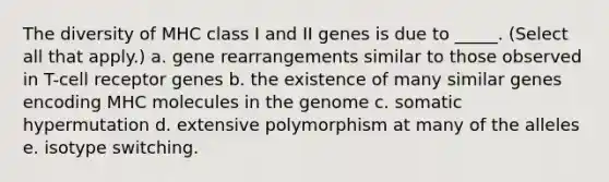 The diversity of MHC class I and II genes is due to _____. (Select all that apply.) a. gene rearrangements similar to those observed in T-cell receptor genes b. the existence of many similar genes encoding MHC molecules in the genome c. somatic hypermutation d. extensive polymorphism at many of the alleles e. isotype switching.