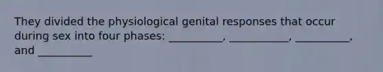 They divided the physiological genital responses that occur during sex into four phases: __________, ___________, __________, and __________